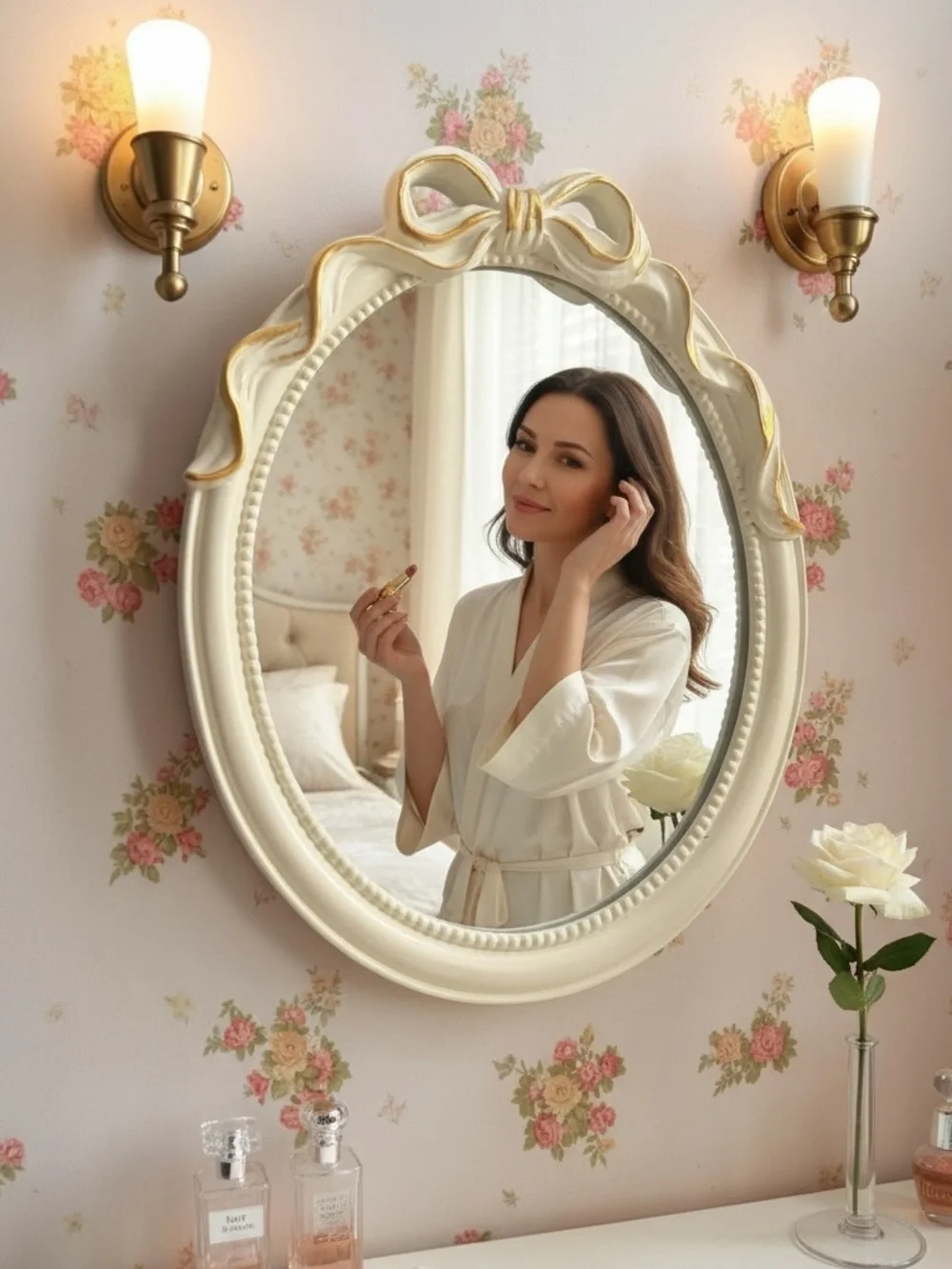Elegant Vintage Cream and Gold Bow Oval Wall Mirror 12in*9in